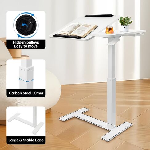 Overbed Bedside Table with Hidden Wheels Height Adjustable Pneumatic Medical Mobile Standing Desk Hospital Tray Table with Drawer and Tilting Split Top for Office Home Hospital Use (White) in Kuwait