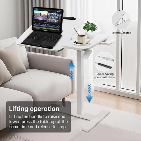 Overbed Bedside Table with Hidden Wheels Height Adjustable Pneumatic Medical Mobile Standing Desk Hospital Tray Table with Drawer and Tilting Split Top for Office Home Hospital Use (White) in Kuwait