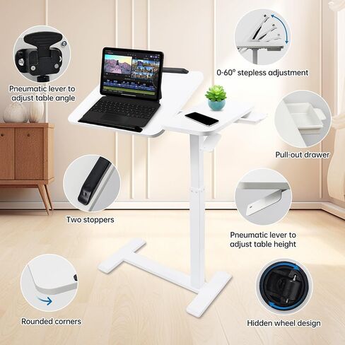 Overbed Bedside Table with Hidden Wheels Height Adjustable Pneumatic Medical Mobile Standing Desk Hospital Tray Table with Drawer and Tilting Split Top for Office Home Hospital Use (White) in Kuwait
