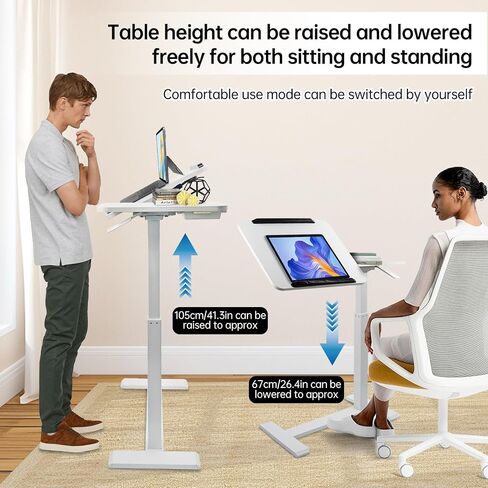 Overbed Bedside Table with Hidden Wheels Height Adjustable Pneumatic Medical Mobile Standing Desk Hospital Tray Table with Drawer and Tilting Split Top for Office Home Hospital Use (White) in Kuwait