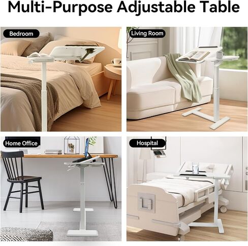 Overbed Bedside Table with Hidden Wheels Height Adjustable Pneumatic Medical Mobile Standing Desk Hospital Tray Table with Drawer and Tilting Split Top for Office Home Hospital Use (White) in Kuwait