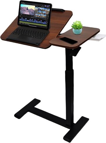 Overbed Bedside Table with Hidden Wheels Height Adjustable Pneumatic Medical Mobile Standing Desk Hospital Tray Table with Drawer and Tilting Split Top for Office Home Hospital Use (White) in Kuwait