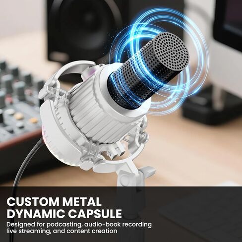 BASN USB/XLR ميكروفون ديناميكي للبودكاست ، البث المباشر ، تسجيل الألعاب مع زر كتم RGB ، مراقبة سماعة الرأس و MIC Stand (White) SL2000 in Saudi Arabia