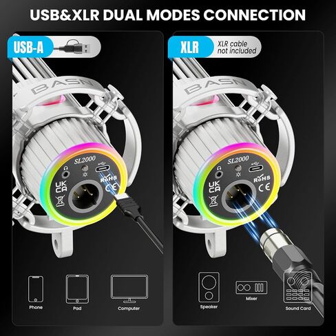 BASN USB/XLR ميكروفون ديناميكي للبودكاست ، البث المباشر ، تسجيل الألعاب مع زر كتم RGB ، مراقبة سماعة الرأس و MIC Stand (White) SL2000 in Saudi Arabia