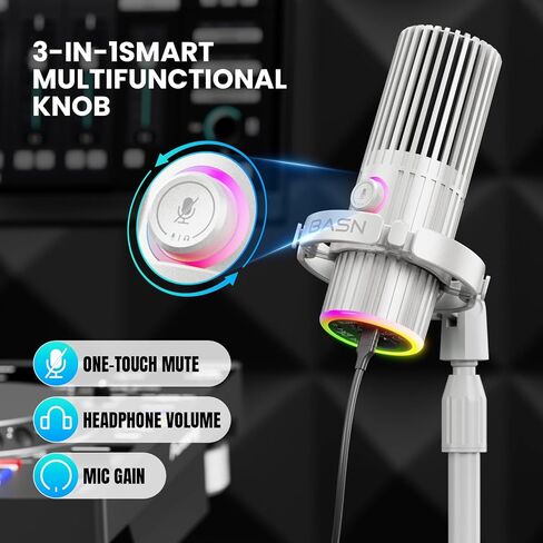 BASN USB/XLR ميكروفون ديناميكي للبودكاست ، البث المباشر ، تسجيل الألعاب مع زر كتم RGB ، مراقبة سماعة الرأس و MIC Stand (White) SL2000 in Saudi Arabia