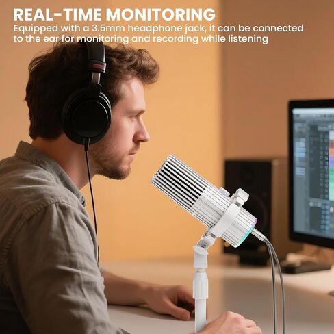 BASN USB/XLR ميكروفون ديناميكي للبودكاست ، البث المباشر ، تسجيل الألعاب مع زر كتم RGB ، مراقبة سماعة الرأس و MIC Stand (White) SL2000 in Saudi Arabia