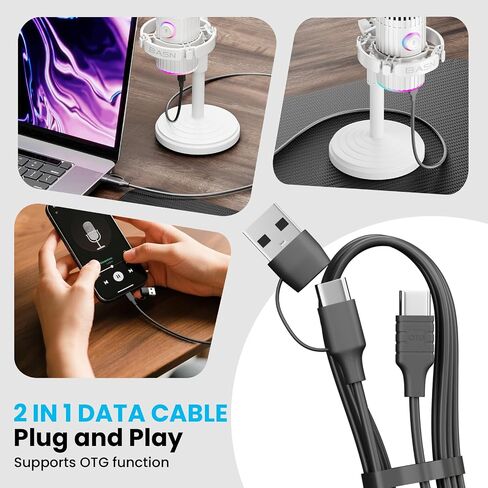 BASN USB/XLR ميكروفون ديناميكي للبودكاست ، البث المباشر ، تسجيل الألعاب مع زر كتم RGB ، مراقبة سماعة الرأس و MIC Stand (White) SL2000 in Saudi Arabia