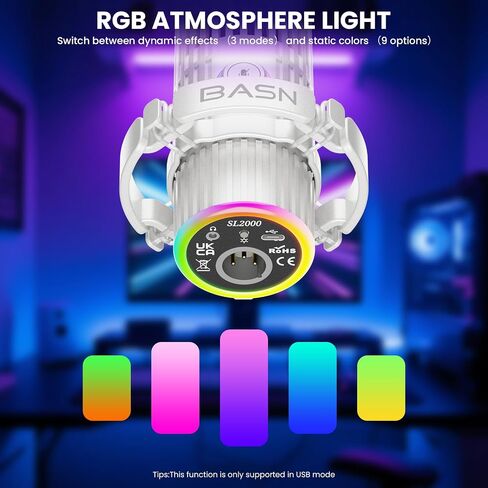 BASN USB/XLR ميكروفون ديناميكي للبودكاست ، البث المباشر ، تسجيل الألعاب مع زر كتم RGB ، مراقبة سماعة الرأس و MIC Stand (White) SL2000 in Saudi Arabia