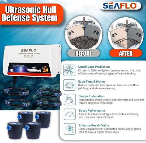 SEAFLO Ultrasonic Hull Defense System – Fully Automated Anti-Fouling Device, Prevents Barnacle & Algae Growth, Protects Hull, Drives & Running Gear, Covers 200 sq.ft – 4-Year Warranty in Kuwait