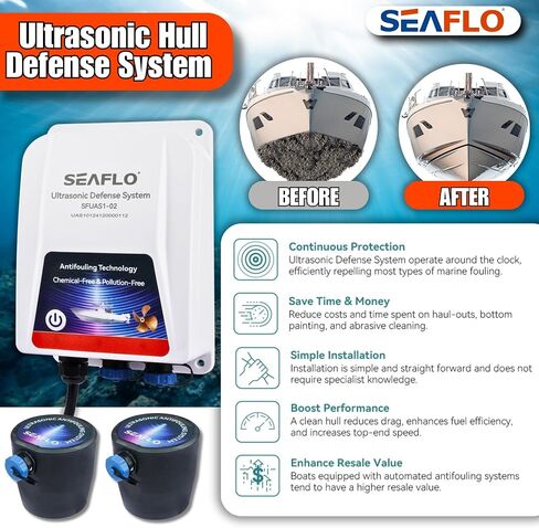 SEAFLO Ultrasonic Hull Defense System – Fully Automated Anti-Fouling Device, Prevents Barnacle & Algae Growth, Protects Hull, Drives & Running Gear, Covers 200 sq.ft – 4-Year Warranty in Kuwait