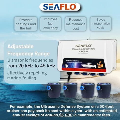SEAFLO Ultrasonic Hull Defense System – Fully Automated Anti-Fouling Device, Prevents Barnacle & Algae Growth, Protects Hull, Drives & Running Gear, Covers 200 sq.ft – 4-Year Warranty in Kuwait