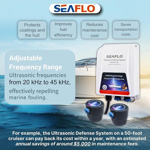 SEAFLO Ultrasonic Hull Defense System – Fully Automated Anti-Fouling Device, Prevents Barnacle & Algae Growth, Protects Hull, Drives & Running Gear, Covers 200 sq.ft – 4-Year Warranty in Kuwait