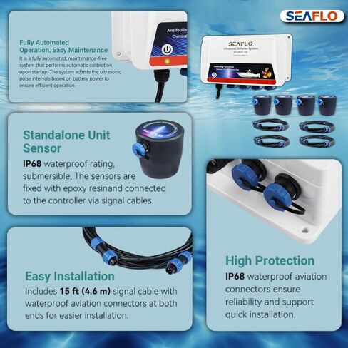 SEAFLO Ultrasonic Hull Defense System – Fully Automated Anti-Fouling Device, Prevents Barnacle & Algae Growth, Protects Hull, Drives & Running Gear, Covers 200 sq.ft – 4-Year Warranty in Kuwait