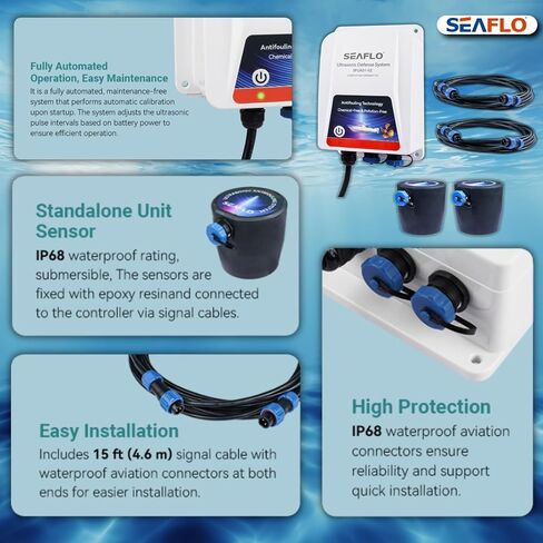 SEAFLO Ultrasonic Hull Defense System – Fully Automated Anti-Fouling Device, Prevents Barnacle & Algae Growth, Protects Hull, Drives & Running Gear, Covers 200 sq.ft – 4-Year Warranty in Kuwait