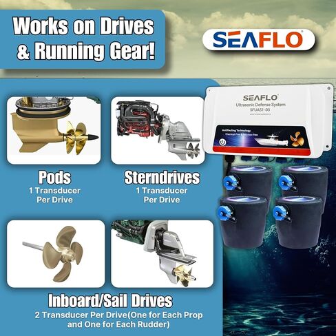 SEAFLO Ultrasonic Hull Defense System – Fully Automated Anti-Fouling Device, Prevents Barnacle & Algae Growth, Protects Hull, Drives & Running Gear, Covers 200 sq.ft – 4-Year Warranty in Kuwait