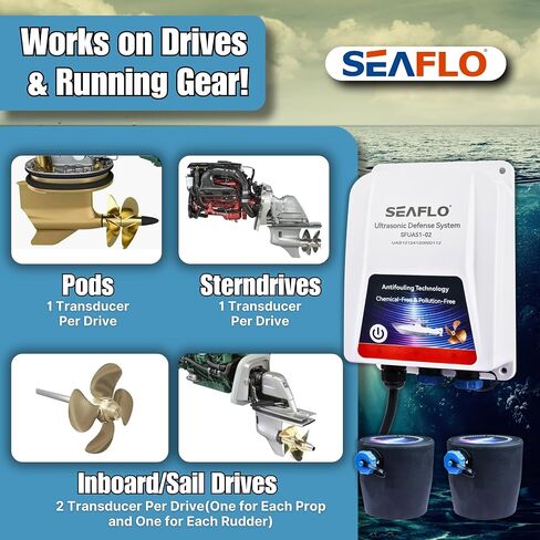 SEAFLO Ultrasonic Hull Defense System – Fully Automated Anti-Fouling Device, Prevents Barnacle & Algae Growth, Protects Hull, Drives & Running Gear, Covers 200 sq.ft – 4-Year Warranty in Kuwait