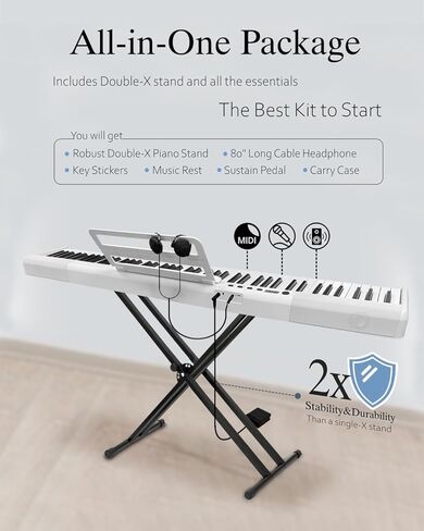 Longeye Piano Keyboard 88 Keys Compact Digital Piano for Beginners with Full Size Semi Weighted Keys, Sustain Pedal, Headphones, Carrying Case (88 Key With Stand, Black) in Saudi Arabia