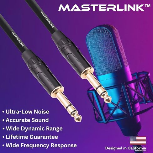 MASTERLINK 6ft 1/4 TRS Guitar Instrument Stereo| Gold Connectors, Balanced, 6.35mm Male to Male Jack Stereo Audio Balanced Line for Synths, Keyboard, Mixer, Amplifier, Speakers, Electric Bass Guitars in Saudi Arabia