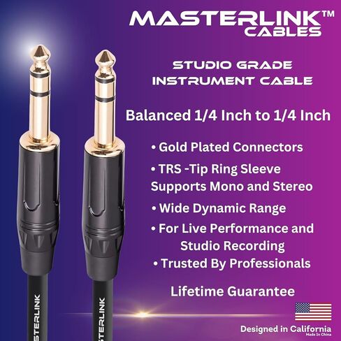 MASTERLINK 6ft 1/4 TRS Guitar Instrument Stereo| Gold Connectors, Balanced, 6.35mm Male to Male Jack Stereo Audio Balanced Line for Synths, Keyboard, Mixer, Amplifier, Speakers, Electric Bass Guitars in Saudi Arabia