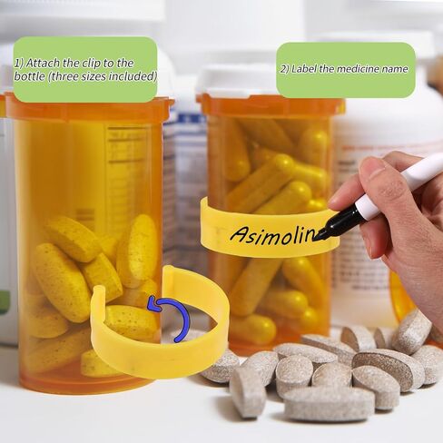 36pcs مقاطع ملصق زجاجة الطب ، 3 أحجام مقاطع قابلة لإعادة الاستخدام من البلاستيك لزجاجات حبوب منع الحمل مع منظم حبوب منع الحمل Mini Marker Pen للحصول على تحديد الأدوية السهل للسفر المنزلي (أصفر) in Saudi Arabia