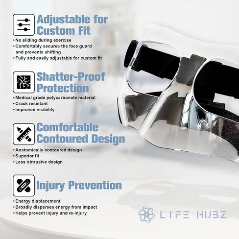 LifeHubz Nose Guard for Sports, Face Shield Masks for Broken Nose with Padding, Adjustable, Breathable, and Clear for Adults and Teenagers, Suitable for Basketball, Soccer, and Other Sports in Saudi Arabia
