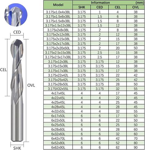 1pc 3.175mm 4mm 6mm 2 flute spult ball tove mill bits cnc trouter for tungsten carbide route tool (3.175x2x17x38l) in Saudi Arabia