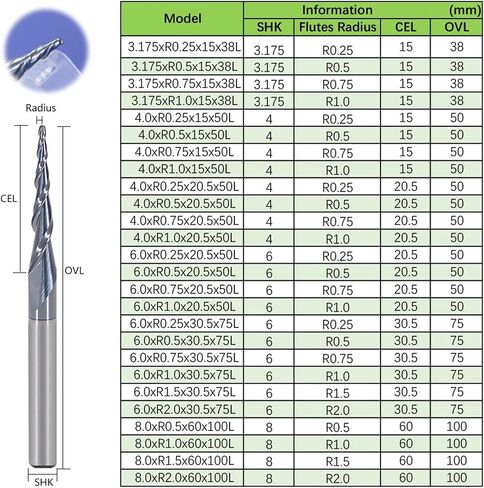 1Pcs 3.175mm 4mm 6mm 8mm Ball Nose Tapered End Mills Router Bits CNC Taper Wood Metal Milling Cutter Tungsten End Mill(6.0xR0.25x30.5x75L) in Saudi Arabia