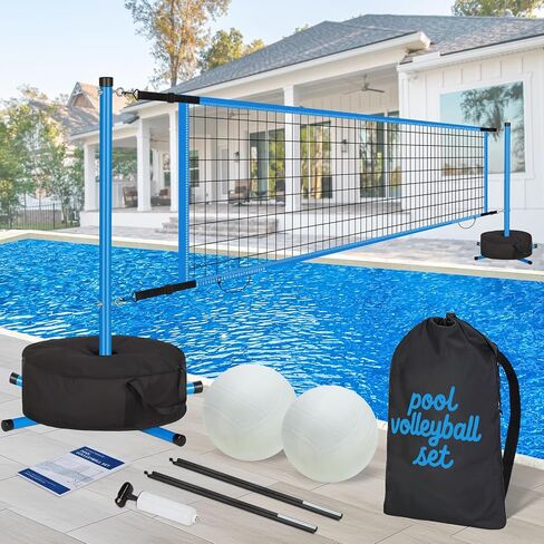 Pool Volleyball Net Set for Inground/Above Ground Pools with Sand-Filled Weighted Base, 15-27ft Adjustable Anti-Sagging Net, 2 Volleyballs & Pump, Carry Bag in Kuwait