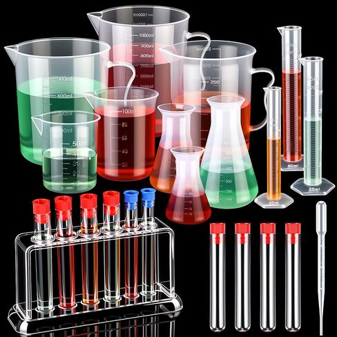 Baderke 28 Pcs Beakers and Test Tubes Set Including 3 Graduated Cylinder 5 Plastic Beakers 3 Erlenmeyer Flask 10 Droppers 6 Plastic Test Tubes with Rack for Home Science Lab Party DIY in Saudi Arabia
