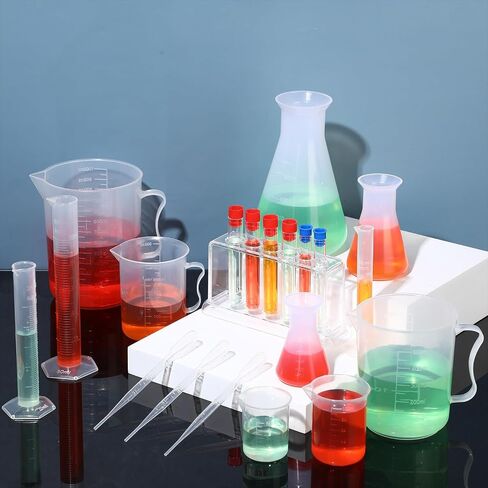 Baderke 28 Pcs Beakers and Test Tubes Set Including 3 Graduated Cylinder 5 Plastic Beakers 3 Erlenmeyer Flask 10 Droppers 6 Plastic Test Tubes with Rack for Home Science Lab Party DIY in Saudi Arabia
