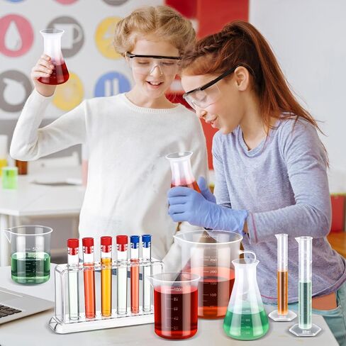 Baderke 28 Pcs Beakers and Test Tubes Set Including 3 Graduated Cylinder 5 Plastic Beakers 3 Erlenmeyer Flask 10 Droppers 6 Plastic Test Tubes with Rack for Home Science Lab Party DIY in Saudi Arabia