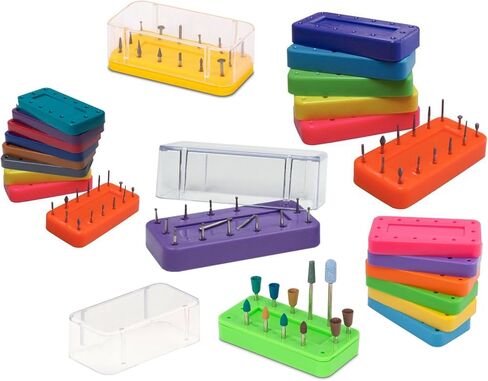 2/PCS Dental Bur Block حامل مستطيل 14 فتحة ثقب من منظمات Burs Autolavable Bur ، ألوان النيون ، غطاء Clear (Neon Pink) in Kuwait