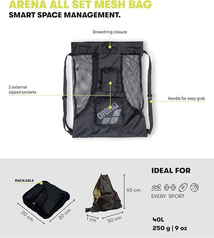 ARENA All Set Swim Sack Mesh Bag Pool Beach Gear Drawstring Satchel for Swim Accessories Quick Dry Polyester Equipment Tote for Swim Team Practice, Black, 40 Liters in Saudi Arabia