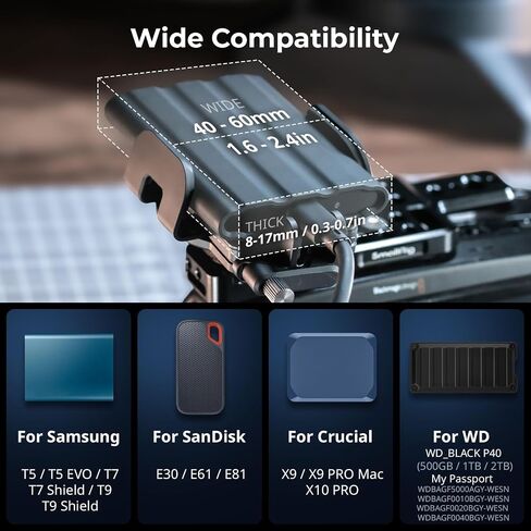حامل SSD عالمي صغير مع مشبك كابل الأحذية البارد ، ومسعلة واسعة من 40 إلى 60 مم ، قوس MATT SSD لـ Magsafe ، لـ Samsung T5 T7 SSD ، ل SSD Sandisk ، متوافق مع iPhone و Camera Cage - 5196 in Kuwait
