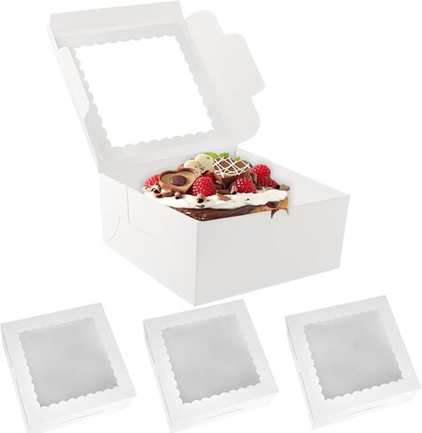 3pcs 10x10x4.5 Inches Cake Boxs, Disposable Bakery Boxes with Window, White Square Bakery Boxes for Cakes, Donuts, Cookies, Chocolate, Pies, Wedding, Birthday, Party in Kuwait