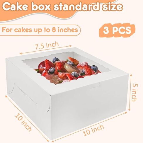 3pcs 10x10x4.5 Inches Cake Boxs, Disposable Bakery Boxes with Window, White Square Bakery Boxes for Cakes, Donuts, Cookies, Chocolate, Pies, Wedding, Birthday, Party in Kuwait