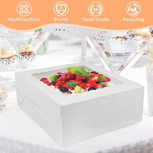 3pcs 10x10x4.5 Inches Cake Boxs, Disposable Bakery Boxes with Window, White Square Bakery Boxes for Cakes, Donuts, Cookies, Chocolate, Pies, Wedding, Birthday, Party in Kuwait