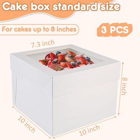 3pcs 10x10x4.5 Inches Cake Boxs, Disposable Bakery Boxes with Window, White Square Bakery Boxes for Cakes, Donuts, Cookies, Chocolate, Pies, Wedding, Birthday, Party in Kuwait