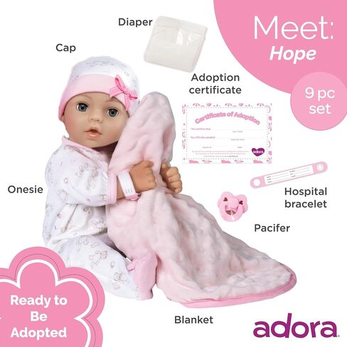 Adora Adoption Babies Collection, 16" Baby Doll with Complete 9-Piece Accessories includes: Pacifier, Hospital Bracelet, Diaper and More! Birthday Gift For Ages 3+ - Baby Hope in Saudi Arabia