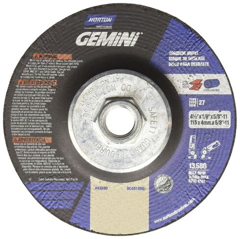 Norton Gemini Depressed Center Cashive Wheel ، النوع 27 ، أكسيد الألومنيوم ، 5/8 "-11 HUB ، 4-1/2" قطر × 1/8 "(حزمة 10) in Kuwait