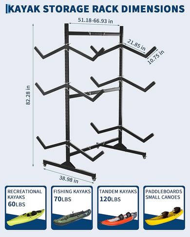 رف تخزين قوارب الكاياك ل 2-6 قوارب الكاياك قوارب قوارب القوارب القوارب للتخزين في الهواء الطلق مع عجلات متحركة ، حامل شماعات الزوارق الصلب الثقيلة مع الأشرطة المعلقة in Kuwait
