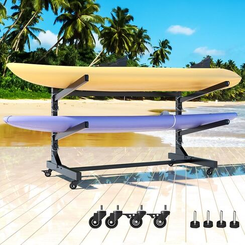 Freestanding Kayak Storage Rack, Heavy Duty Metal Kayak Stand with Lockable Wheels, Adjustable Kayak Holders for Canoes, SUP, Sled, Paddle Board & Surfboard, Garage, Indoor & Outdoor Use in Saudi Arabia