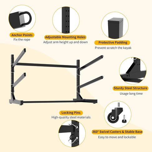 Freestanding Kayak Storage Rack, Heavy Duty Metal Kayak Stand with Lockable Wheels, Adjustable Kayak Holders for Canoes, SUP, Sled, Paddle Board & Surfboard, Garage, Indoor & Outdoor Use in Saudi Arabia
