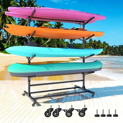 Freestanding Kayak Storage Rack, Heavy Duty Metal Kayak Stand with Lockable Wheels, Adjustable Kayak Holders for Canoes, SUP, Sled, Paddle Board & Surfboard, Garage, Indoor & Outdoor Use in Kuwait
