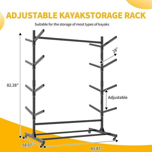 Freestanding Kayak Storage Rack, Heavy Duty Metal Kayak Stand with Lockable Wheels, Adjustable Kayak Holders for Canoes, SUP, Sled, Paddle Board & Surfboard, Garage, Indoor & Outdoor Use in Kuwait