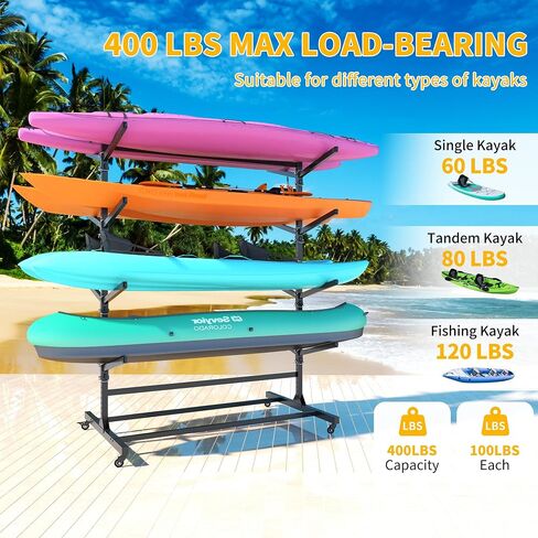 Freestanding Kayak Storage Rack, Heavy Duty Metal Kayak Stand with Lockable Wheels, Adjustable Kayak Holders for Canoes, SUP, Sled, Paddle Board & Surfboard, Garage, Indoor & Outdoor Use in Kuwait