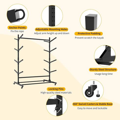 Freestanding Kayak Storage Rack, Heavy Duty Metal Kayak Stand with Lockable Wheels, Adjustable Kayak Holders for Canoes, SUP, Sled, Paddle Board & Surfboard, Garage, Indoor & Outdoor Use in Kuwait