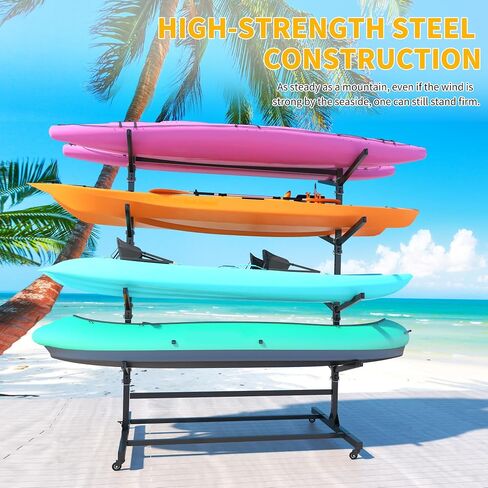 Freestanding Kayak Storage Rack, Heavy Duty Metal Kayak Stand with Lockable Wheels, Adjustable Kayak Holders for Canoes, SUP, Sled, Paddle Board & Surfboard, Garage, Indoor & Outdoor Use in Kuwait