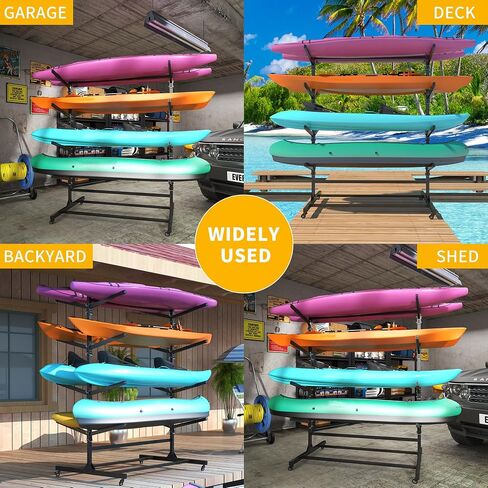 Freestanding Kayak Storage Rack, Heavy Duty Metal Kayak Stand with Lockable Wheels, Adjustable Kayak Holders for Canoes, SUP, Sled, Paddle Board & Surfboard, Garage, Indoor & Outdoor Use in Kuwait