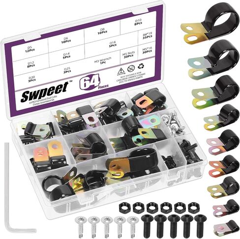 SWPEET 40PCS 7 حجم 6MM-25MM 1/4 "حفرة مجلفنة فينيل مغلفة ثقب واحد من المشابك أحادية الجانب مجموعة مجموعة متنوعة ، مقاطع معزولة وسادة مطاطية ، مشابك الأسلاك المعدنية لأسلاك كابلات الأنابيب in Saudi Arabia